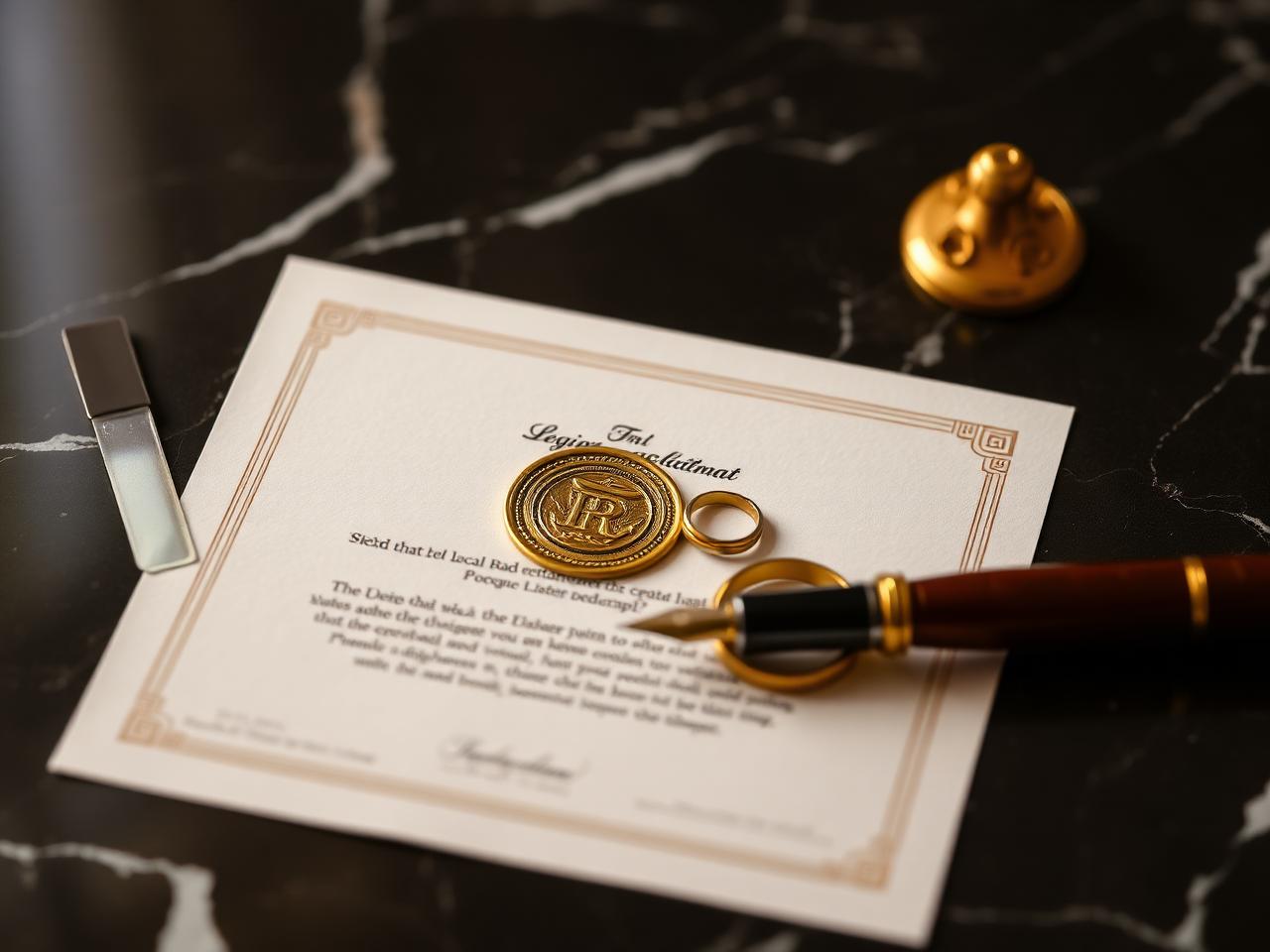 Elegant Thai prenuptial agreement document with gold seal and wedding rings