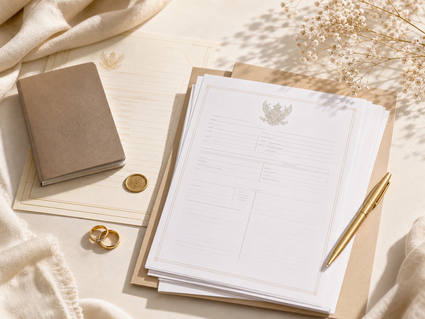 Prepared marriage documents with wedding rings and gold pen